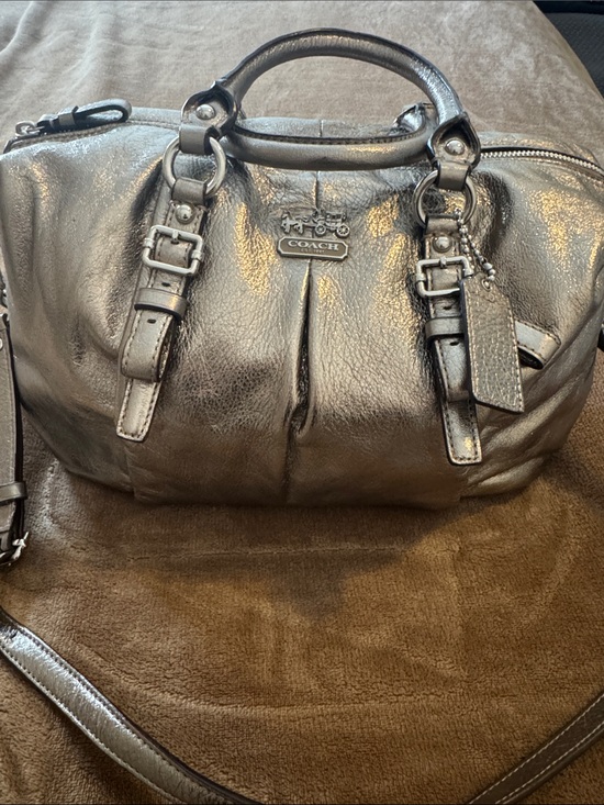 Coach Handbags - Coach Madison Metallic Silver Leather Satchel with Removable Strap